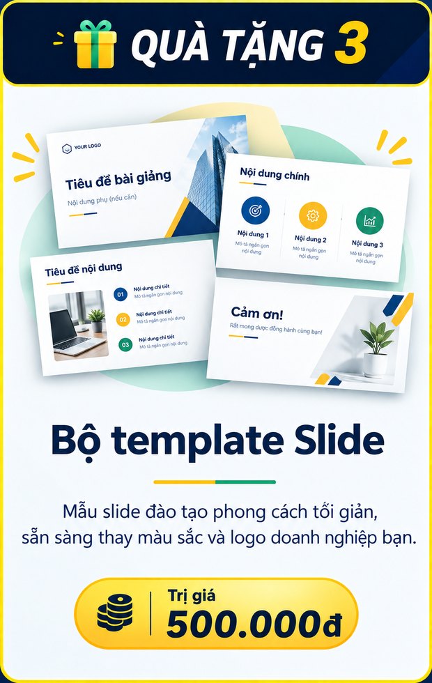 Bộ template Slide, trị giá 500.000đ. Mẫu slide đào tạo phong cách tối giản, sẵn sàng thay màu sắc và logo doanh nghiệp bạn.