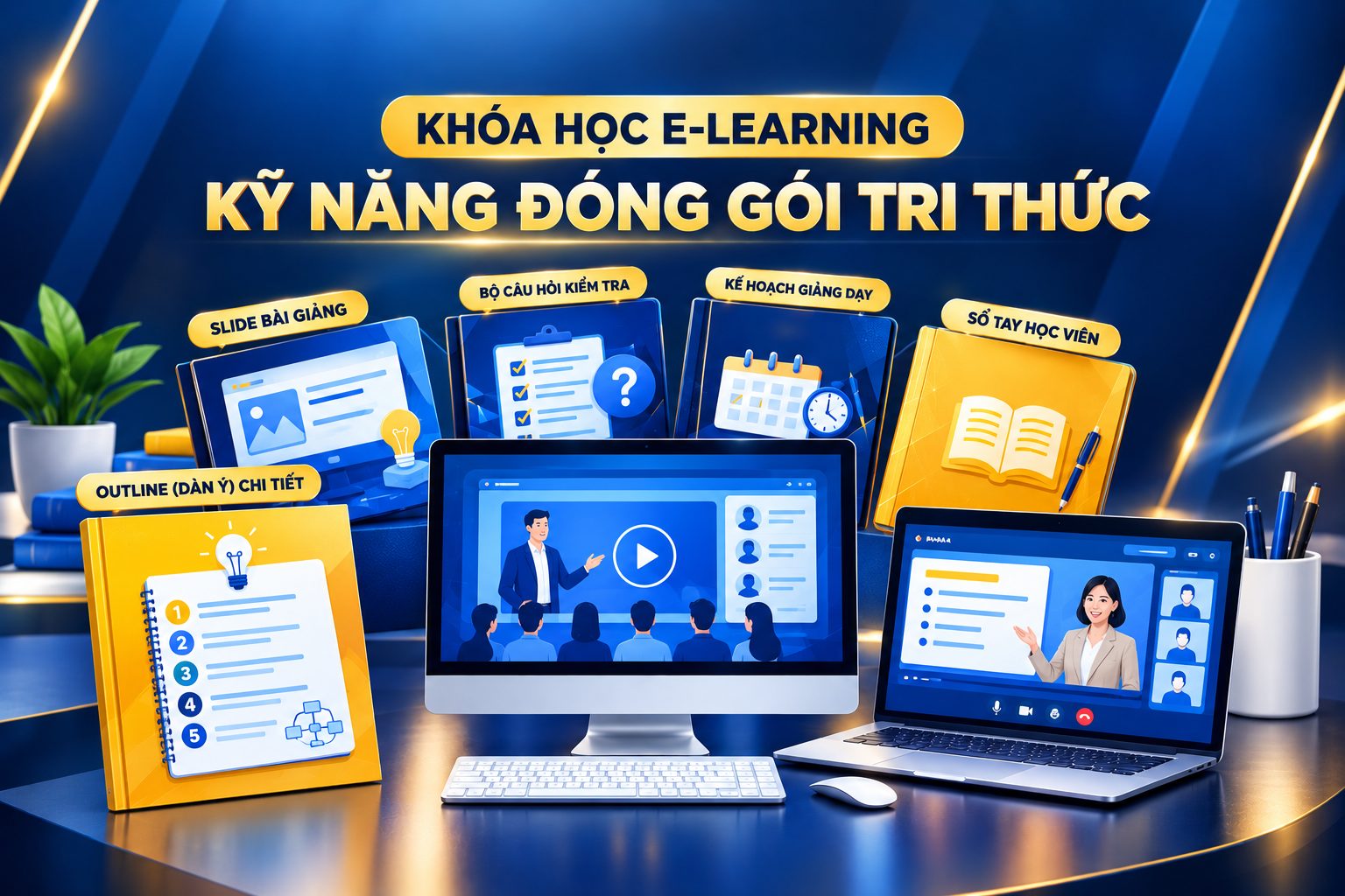 Khoá học E-Learning Kỹ năng Đóng gói Tri thức: bộ 5 tài liệu gồm outline, slide bài giảng, bộ câu hỏi kiểm tra, kế hoạch giảng dạy và sổ tay học viên